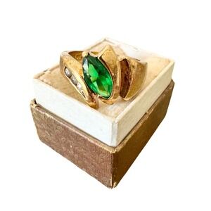 Vintage 1980s Cocktail Ring Emerald Green Marquise CZ 18k Gold Plated Size 6